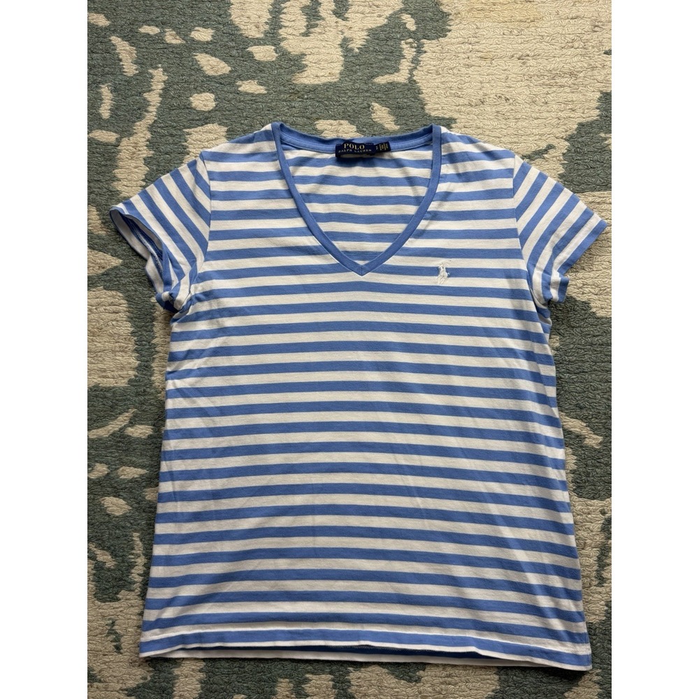 Polo Ralph Lauren Girls Small V-Neck T-Shirt Blue White Striped Pony Logo Tee
